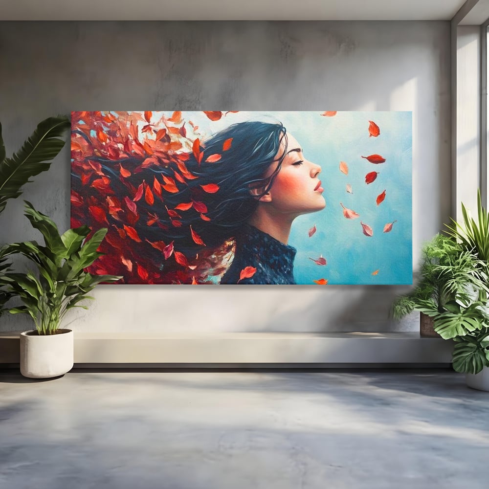 Tablou canvas cu tablou canvas cu femeie si frunze in vant, fara rama, pe sasiu de lemn